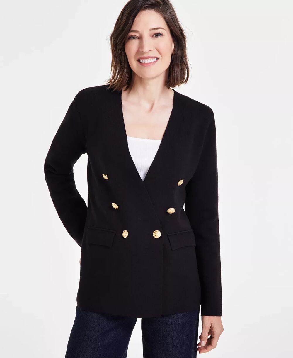 NEW International Concepts Black Double Breasted Gold Button Sweater Blazer M